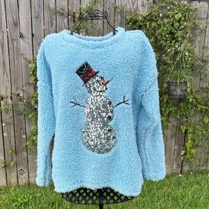 TIME AND TRU Light Blue Fuzzy Snowman Totally Not Ugly Sweater